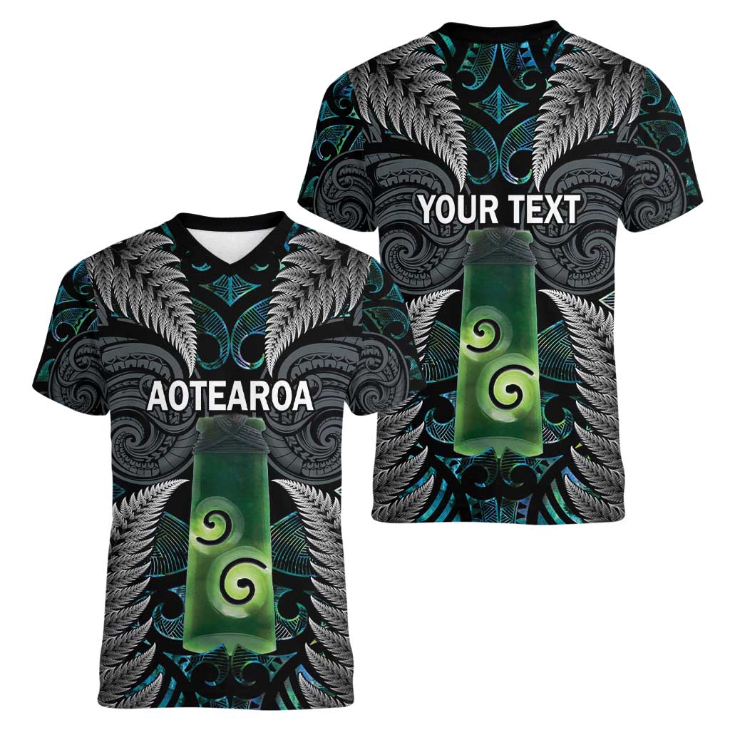 Personalised New Zealand Toki Women V-Neck T-Shirt Silver Fern Mix Aotearoa Maori Pattern LT14 - Polynesian Pride