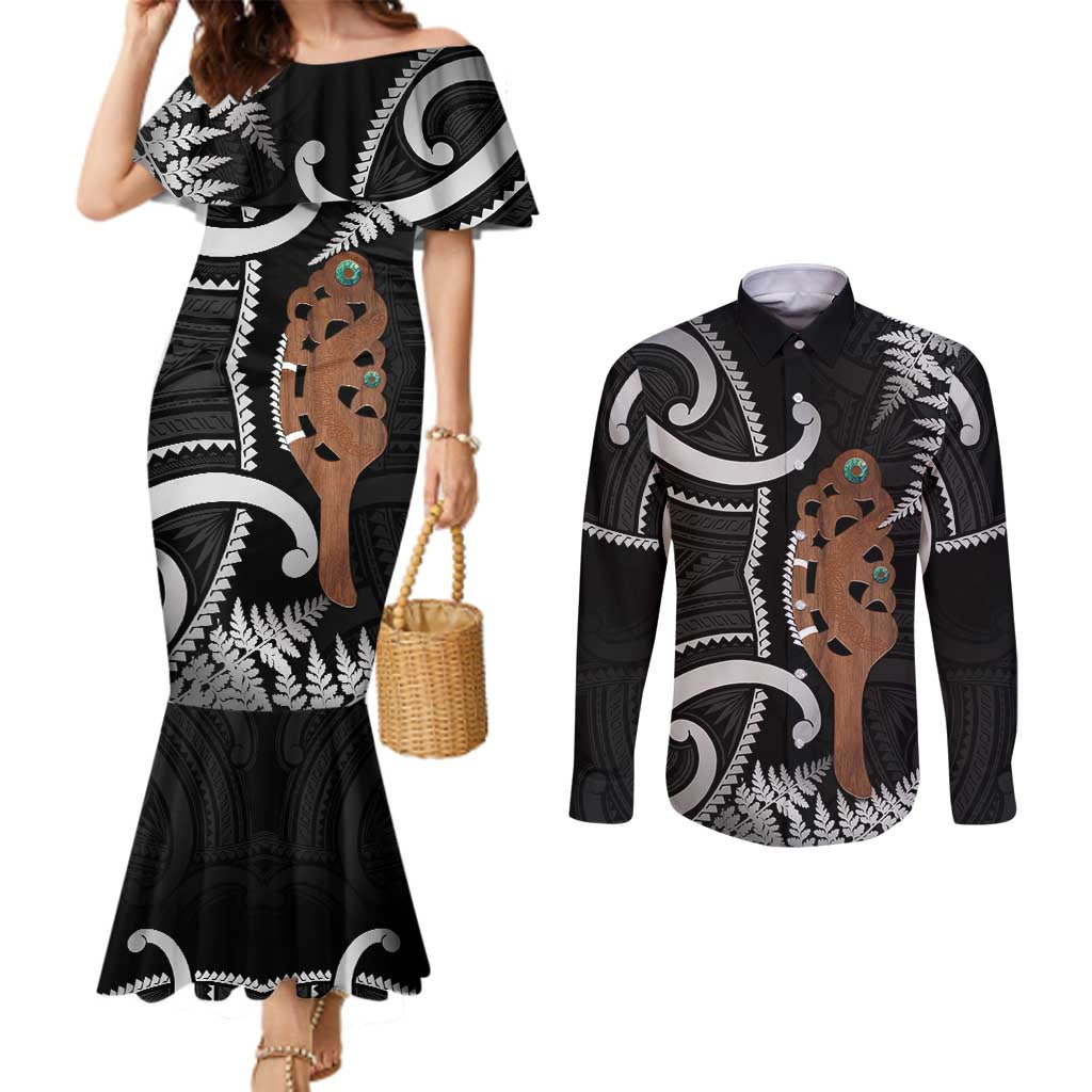 New Zealand Maripi Couples Matching Mermaid Dress and Long Sleeve Button Shirt Silver Fern Mix Aotearoa Maori Pattern LT14 Black - Polynesian Pride
