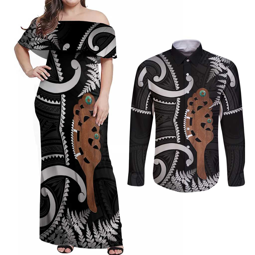 New Zealand Maripi Couples Matching Off Shoulder Maxi Dress and Long Sleeve Button Shirt Silver Fern Mix Aotearoa Maori Pattern LT14 Black - Polynesian Pride