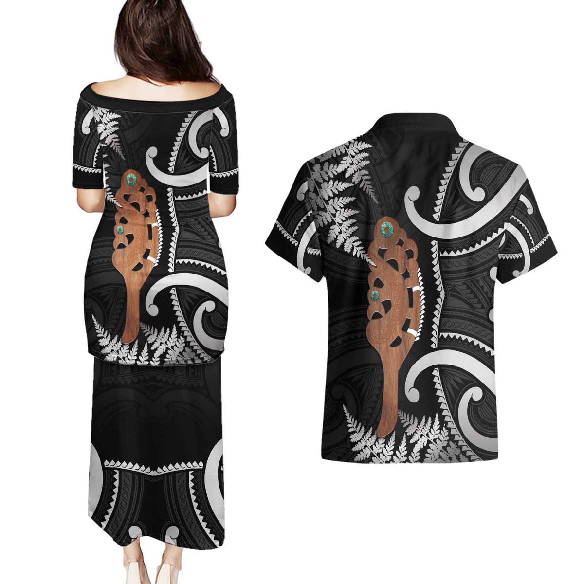 New Zealand Maripi Couples Matching Puletasi and Hawaiian Shirt Silver Fern Mix Aotearoa Maori Pattern LT14 - Polynesian Pride