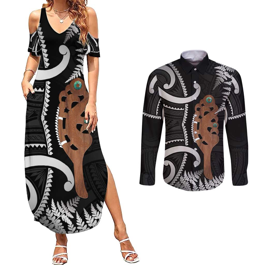 New Zealand Maripi Couples Matching Summer Maxi Dress and Long Sleeve Button Shirt Silver Fern Mix Aotearoa Maori Pattern LT14 Black - Polynesian Pride