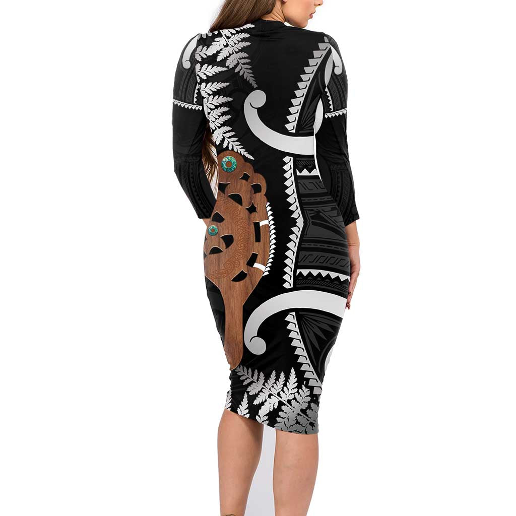 New Zealand Maripi Family Matching Long Sleeve Bodycon Dress and Hawaiian Shirt Silver Fern Mix Aotearoa Maori Pattern