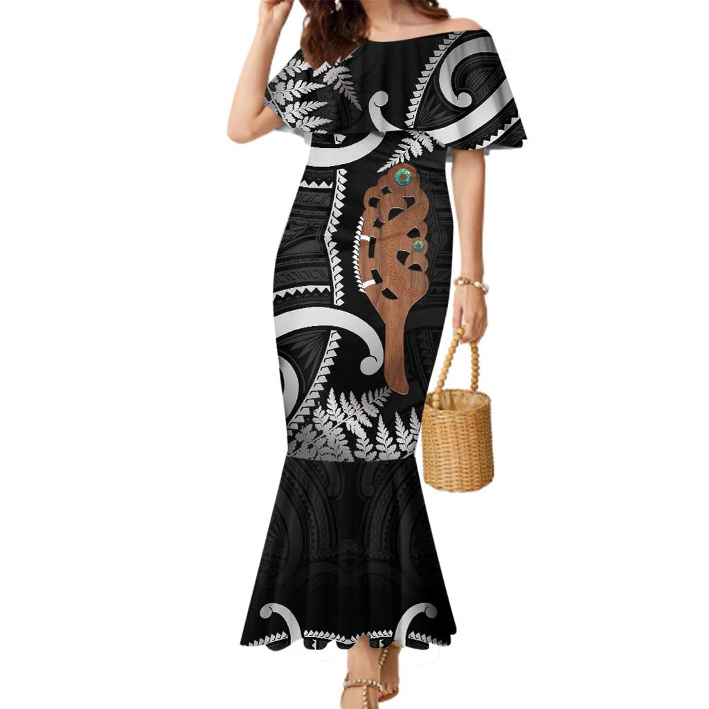 New Zealand Maripi Family Matching Mermaid Dress and Hawaiian Shirt Silver Fern Mix Aotearoa Maori Pattern LT14 Mom's Dress Black - Polynesian Pride