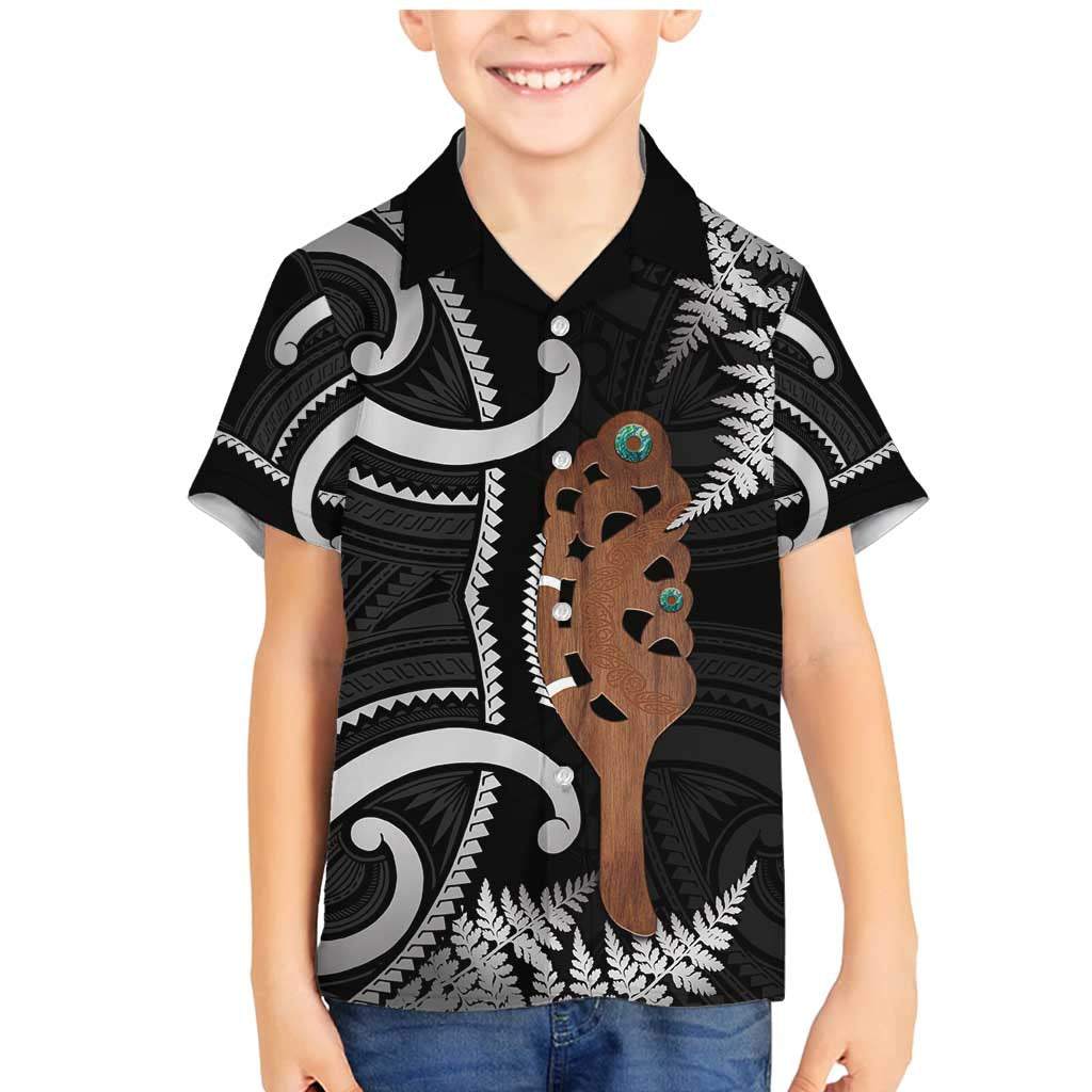 New Zealand Maripi Family Matching Mermaid Dress and Hawaiian Shirt Silver Fern Mix Aotearoa Maori Pattern LT14 Son's Shirt Black - Polynesian Pride