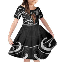 New Zealand Maripi Family Matching Off Shoulder Maxi Dress and Hawaiian Shirt Silver Fern Mix Aotearoa Maori Pattern LT14 Daughter's Dress Black - Polynesian Pride