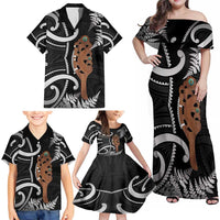 New Zealand Maripi Family Matching Off Shoulder Maxi Dress and Hawaiian Shirt Silver Fern Mix Aotearoa Maori Pattern LT14 - Polynesian Pride