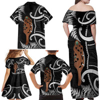 New Zealand Maripi Family Matching Off Shoulder Maxi Dress and Hawaiian Shirt Silver Fern Mix Aotearoa Maori Pattern LT14 - Polynesian Pride