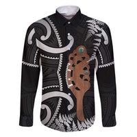 New Zealand Maripi Family Matching Off Shoulder Maxi Dress and Hawaiian Shirt Silver Fern Mix Aotearoa Maori Pattern LT14 Dad's Shirt - Long Sleeve Black - Polynesian Pride
