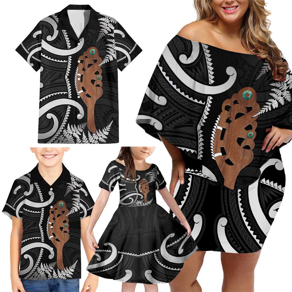 New Zealand Maripi Family Matching Off Shoulder Short Dress and Hawaiian Shirt Silver Fern Mix Aotearoa Maori Pattern LT14 - Polynesian Pride