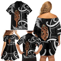 New Zealand Maripi Family Matching Off Shoulder Short Dress and Hawaiian Shirt Silver Fern Mix Aotearoa Maori Pattern LT14 - Polynesian Pride