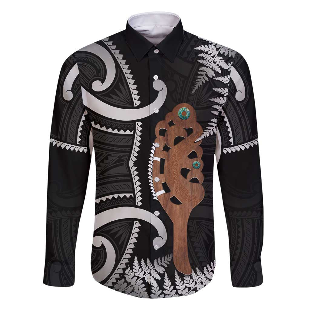 New Zealand Maripi Family Matching Off Shoulder Short Dress and Hawaiian Shirt Silver Fern Mix Aotearoa Maori Pattern LT14 Dad's Shirt - Long Sleeve Black - Polynesian Pride
