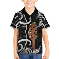 New Zealand Maripi Family Matching Tank Maxi Dress and Hawaiian Shirt Silver Fern Mix Aotearoa Maori Pattern LT14 Son's Shirt Black - Polynesian Pride