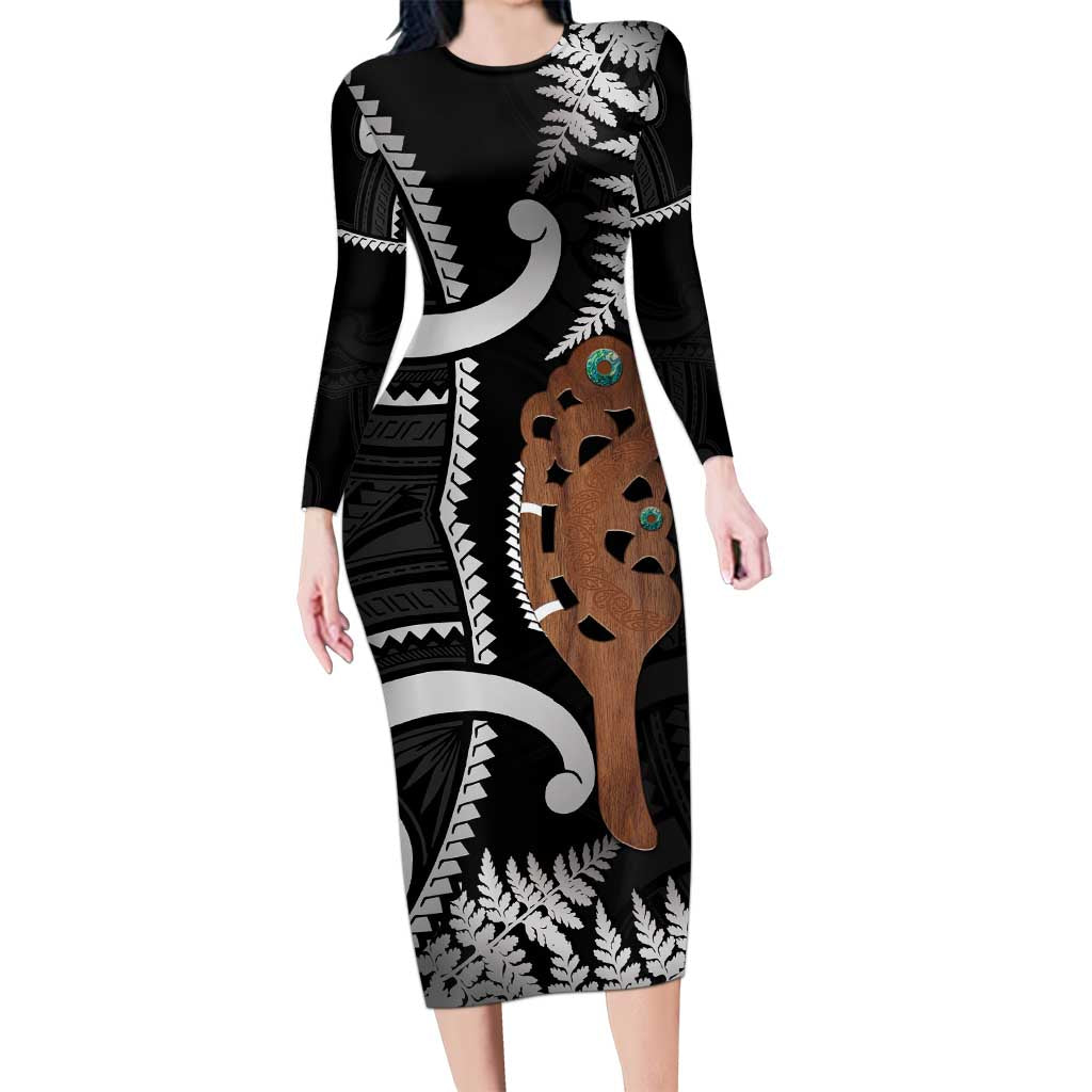 New Zealand Maripi Long Sleeve Bodycon Dress Silver Fern Mix Aotearoa Maori Pattern
