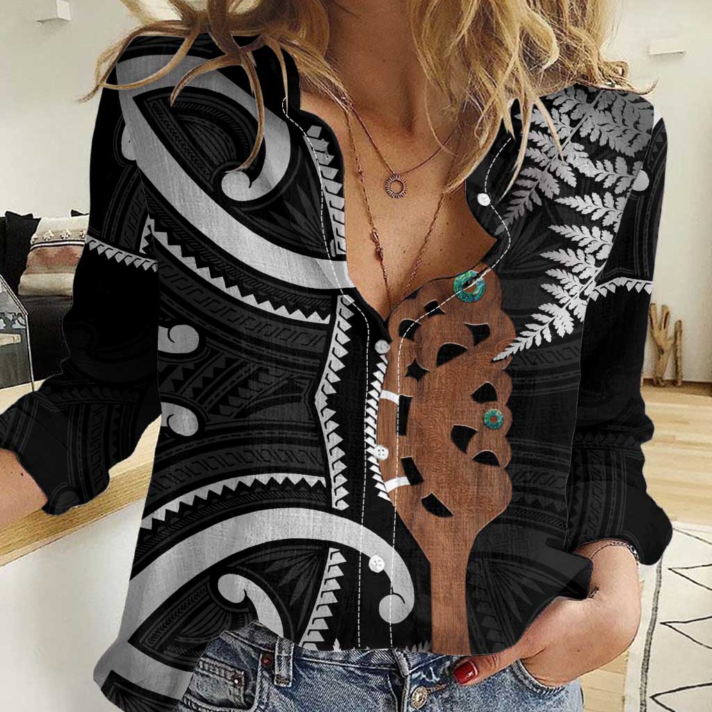 New Zealand Maripi Women Casual Shirt Silver Fern Mix Aotearoa Maori Pattern LT14 Female Black - Polynesian Pride