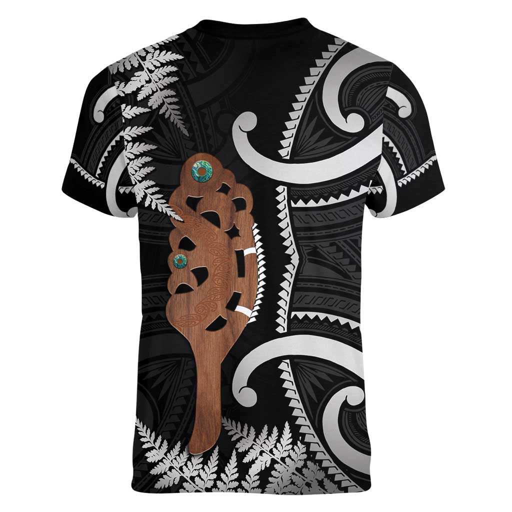 New Zealand Maripi Women V-Neck T-Shirt Silver Fern Mix Aotearoa Maori Pattern LT14 - Polynesian Pride