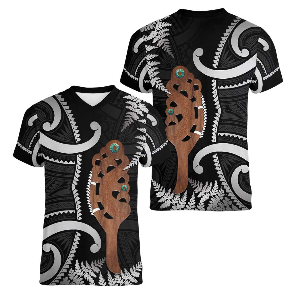 New Zealand Maripi Women V-Neck T-Shirt Silver Fern Mix Aotearoa Maori Pattern LT14 - Polynesian Pride