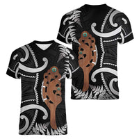 New Zealand Maripi Women V-Neck T-Shirt Silver Fern Mix Aotearoa Maori Pattern LT14 - Polynesian Pride