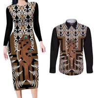 New Zealand Couples Matching Long Sleeve Bodycon Dress and Long Sleeve Button Shirt Maori Maripi Knife With Poutama Art LT14 Brown - Polynesian Pride