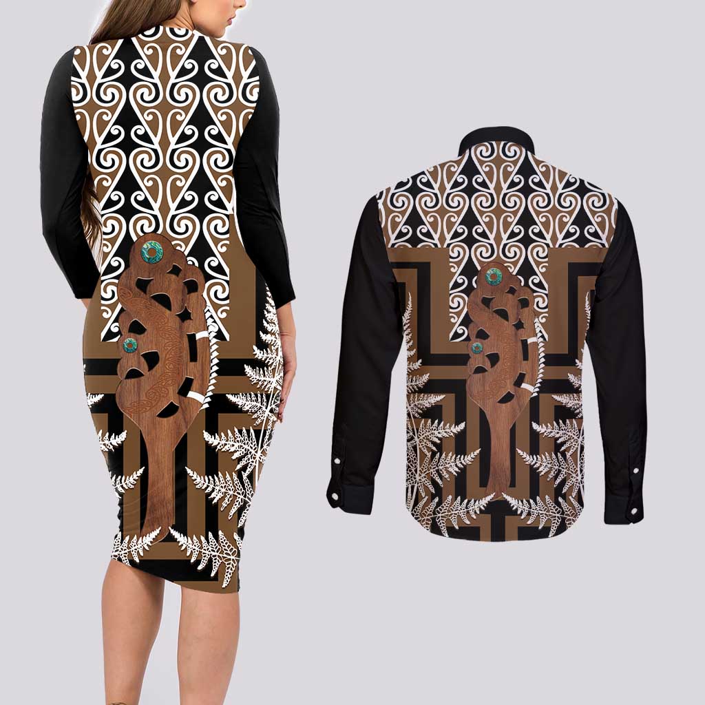 New Zealand Couples Matching Long Sleeve Bodycon Dress and Long Sleeve Button Shirt Maori Maripi Knife With Poutama Art LT14 - Polynesian Pride