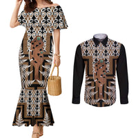 New Zealand Couples Matching Mermaid Dress and Long Sleeve Button Shirt Maori Maripi Knife With Poutama Art LT14 Brown - Polynesian Pride