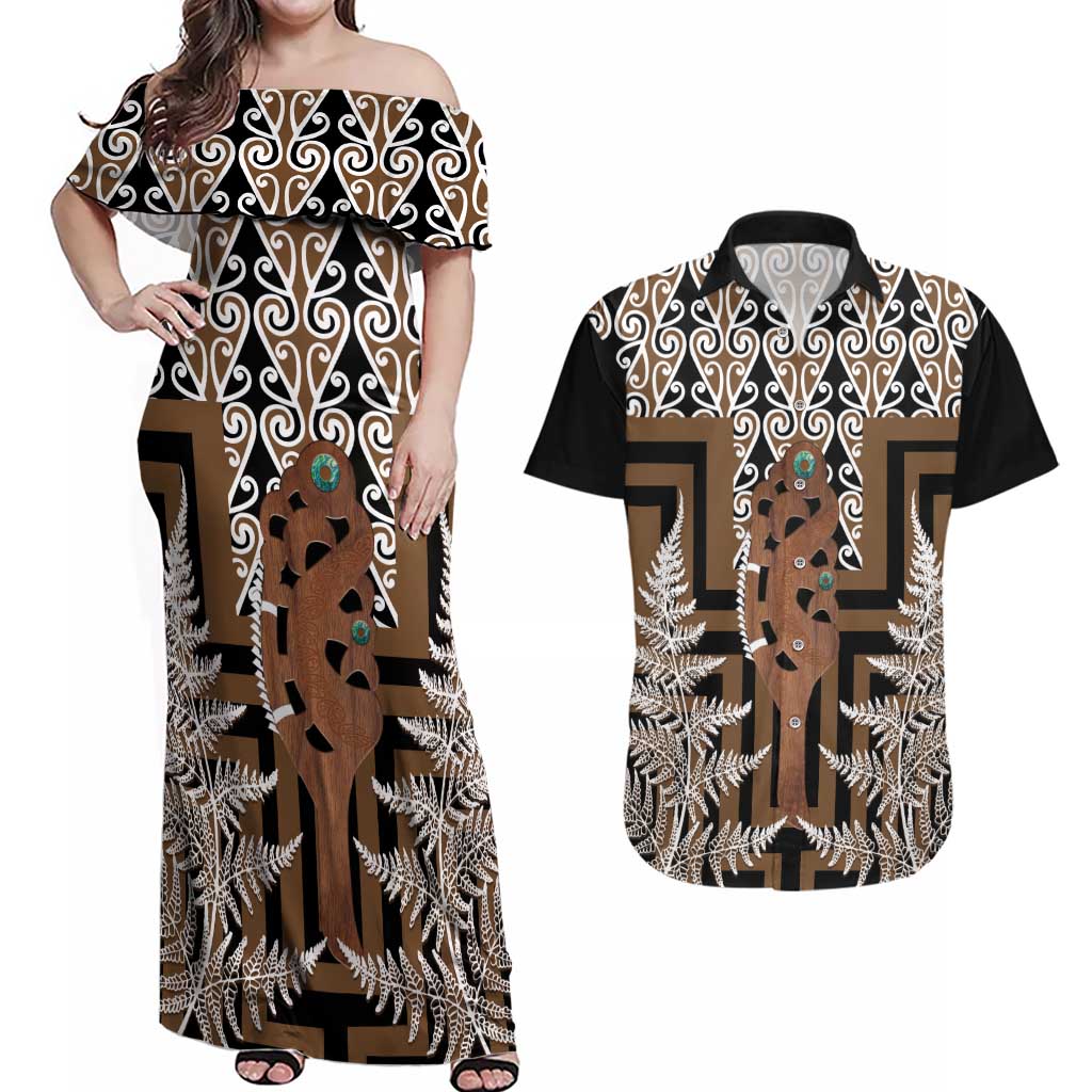 New Zealand Couples Matching Off Shoulder Maxi Dress and Hawaiian Shirt Maori Maripi Knife With Poutama Art LT14 Brown - Polynesian Pride