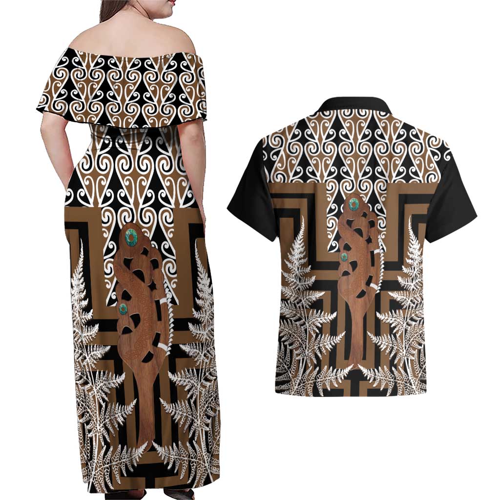 New Zealand Couples Matching Off Shoulder Maxi Dress and Hawaiian Shirt Maori Maripi Knife With Poutama Art LT14 - Polynesian Pride