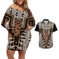 New Zealand Couples Matching Off Shoulder Short Dress and Hawaiian Shirt Maori Maripi Knife With Poutama Art LT14 Brown - Polynesian Pride