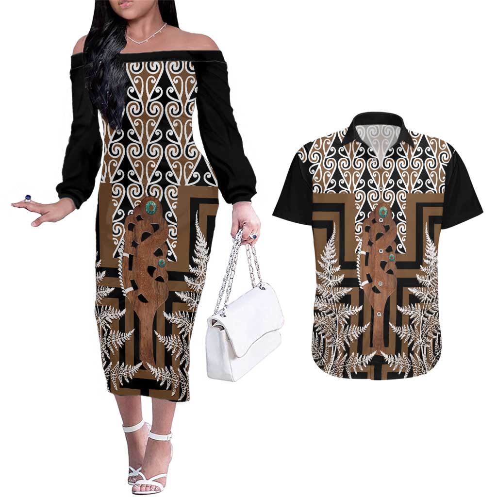 New Zealand Couples Matching Off The Shoulder Long Sleeve Dress and Hawaiian Shirt Maori Maripi Knife With Poutama Art