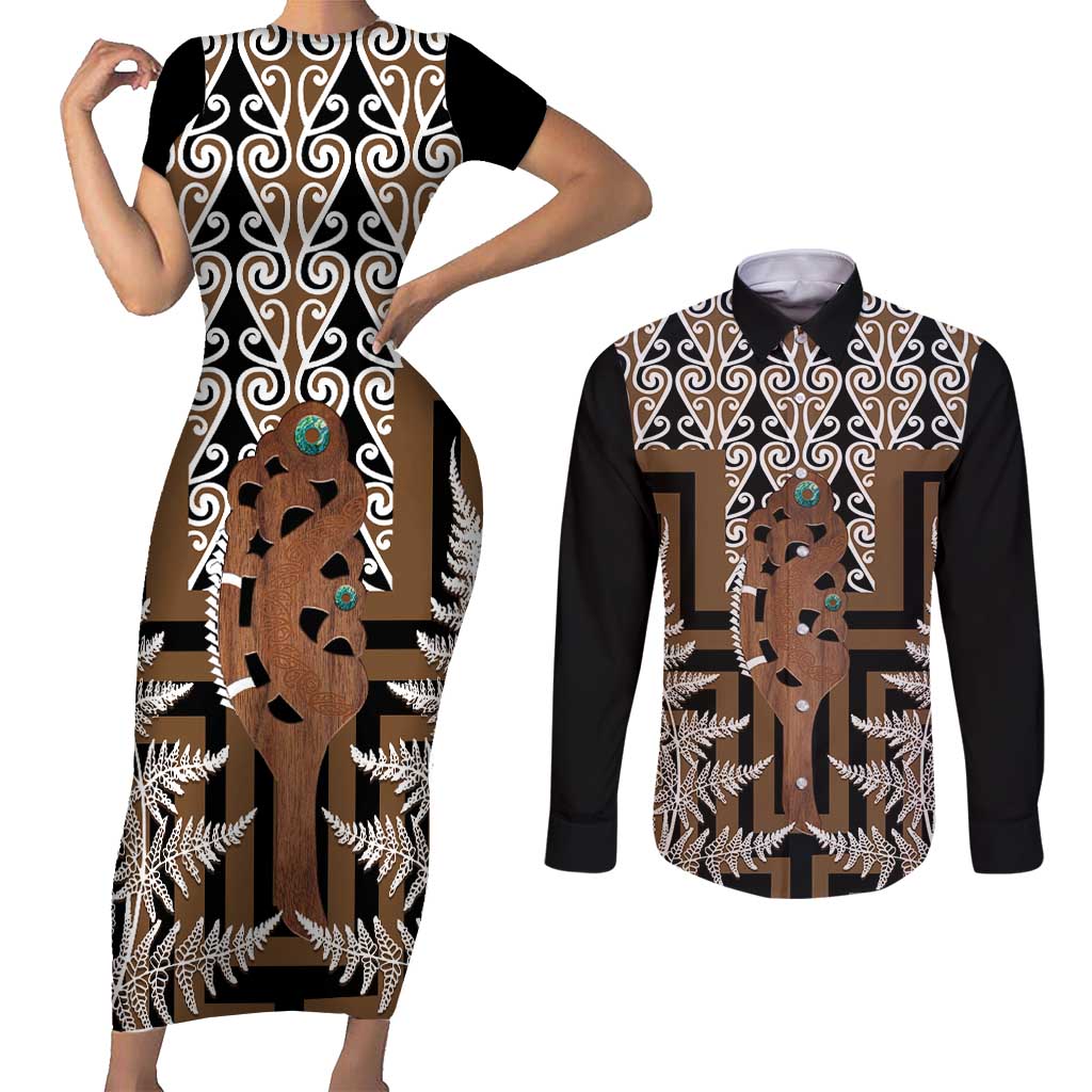 New Zealand Couples Matching Short Sleeve Bodycon Dress and Long Sleeve Button Shirt Maori Maripi Knife With Poutama Art LT14 Brown - Polynesian Pride