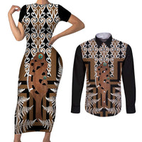 New Zealand Couples Matching Short Sleeve Bodycon Dress and Long Sleeve Button Shirt Maori Maripi Knife With Poutama Art LT14 Brown - Polynesian Pride