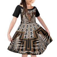 New Zealand Family Matching Off Shoulder Short Dress and Hawaiian Shirt Maori Maripi Knife With Poutama Art LT14 Daughter's Dress Brown - Polynesian Pride