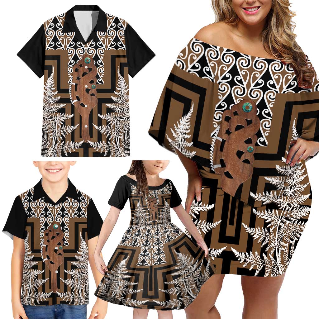New Zealand Family Matching Off Shoulder Short Dress and Hawaiian Shirt Maori Maripi Knife With Poutama Art LT14 - Polynesian Pride