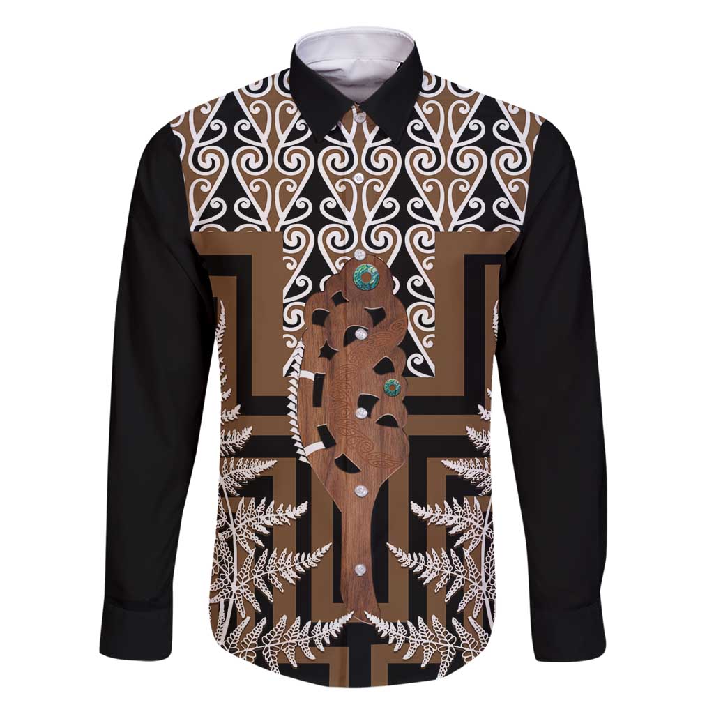 New Zealand Family Matching Tank Maxi Dress and Hawaiian Shirt Maori Maripi Knife With Poutama Art LT14 Dad's Shirt - Long Sleeve Brown - Polynesian Pride