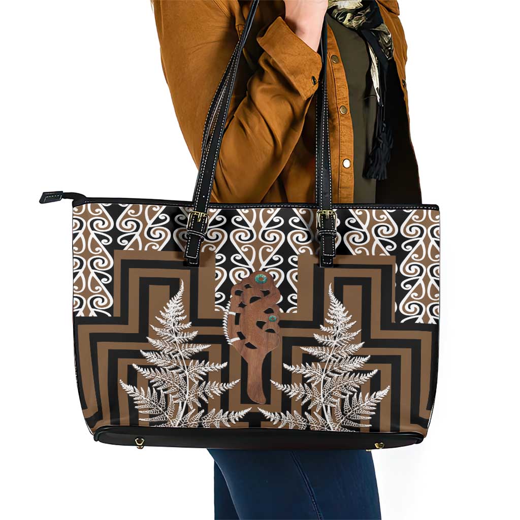 New Zealand Leather Tote Bag Maori Maripi Knife With Poutama Art LT14 - Polynesian Pride