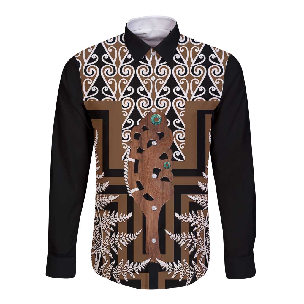 New Zealand Long Sleeve Button Shirt Maori Maripi Knife With Poutama Art LT14 Unisex Brown - Polynesian Pride