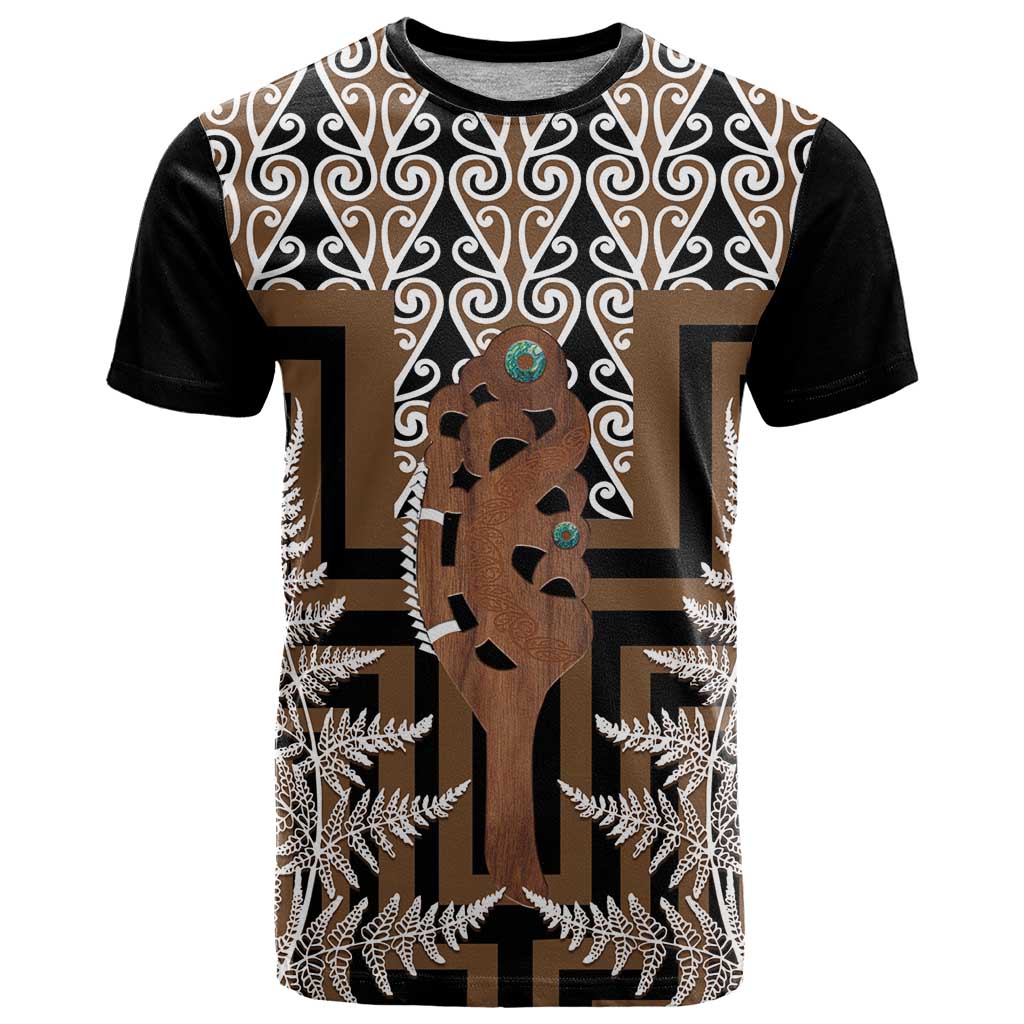 New Zealand T Shirt Maori Maripi Knife With Poutama Art LT14 Brown - Polynesian Pride