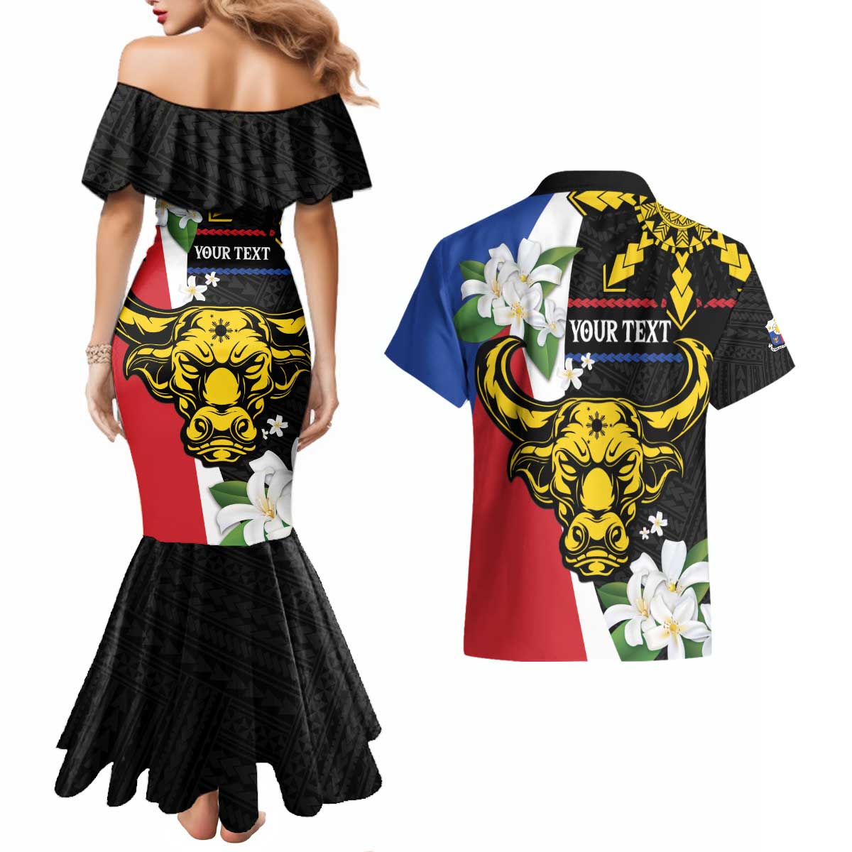 Personalised Philippines Carabao Couples Matching Mermaid Dress and Hawaiian Shirt Filipino Sun Mix Sampaguita Flower