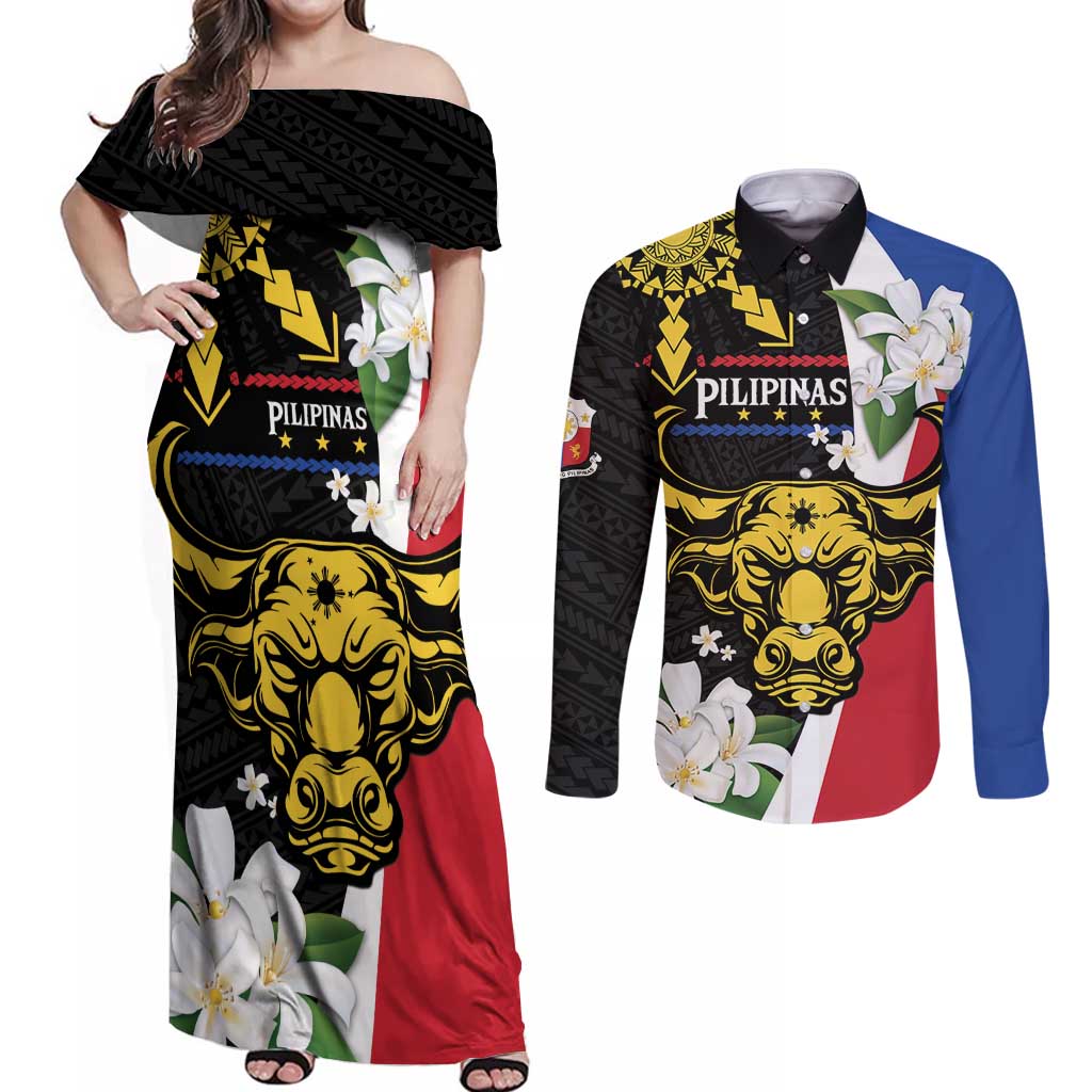 Personalised Philippines Carabao Couples Matching Off Shoulder Maxi Dress and Long Sleeve Button Shirt Filipino Sun Mix Sampaguita Flower LT14 Black - Polynesian Pride