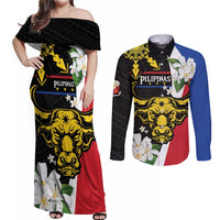 Personalised Philippines Carabao Couples Matching Off Shoulder Maxi Dress and Long Sleeve Button Shirt Filipino Sun Mix Sampaguita Flower LT14 Black - Polynesian Pride