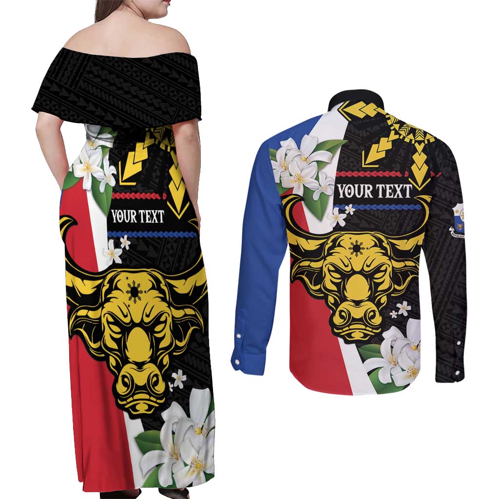 Personalised Philippines Carabao Couples Matching Off Shoulder Maxi Dress and Long Sleeve Button Shirt Filipino Sun Mix Sampaguita Flower LT14 - Polynesian Pride