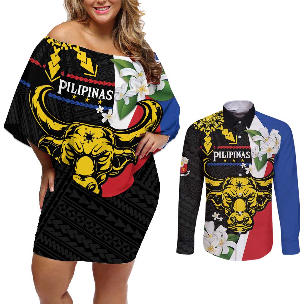 Personalised Philippines Carabao Couples Matching Off Shoulder Short Dress and Long Sleeve Button Shirt Filipino Sun Mix Sampaguita Flower LT14 Black - Polynesian Pride