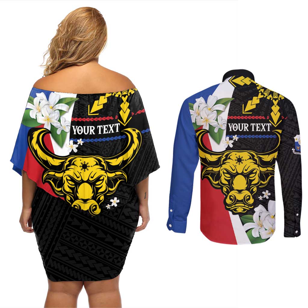 Personalised Philippines Carabao Couples Matching Off Shoulder Short Dress and Long Sleeve Button Shirt Filipino Sun Mix Sampaguita Flower LT14 - Polynesian Pride