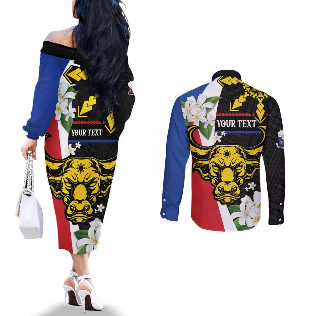 Personalised Philippines Carabao Couples Matching Off The Shoulder Long Sleeve Dress and Long Sleeve Button Shirt Filipino Sun Mix Sampaguita Flower