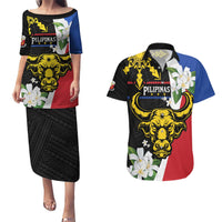Personalised Philippines Carabao Couples Matching Puletasi and Hawaiian Shirt Filipino Sun Mix Sampaguita Flower LT14 Black - Polynesian Pride