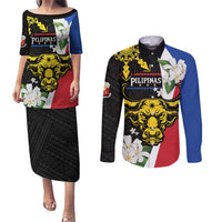 Personalised Philippines Carabao Couples Matching Puletasi and Long Sleeve Button Shirt Filipino Sun Mix Sampaguita Flower LT14 Black - Polynesian Pride