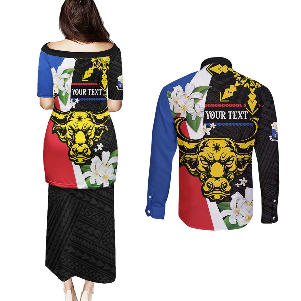 Personalised Philippines Carabao Couples Matching Puletasi and Long Sleeve Button Shirt Filipino Sun Mix Sampaguita Flower LT14 - Polynesian Pride