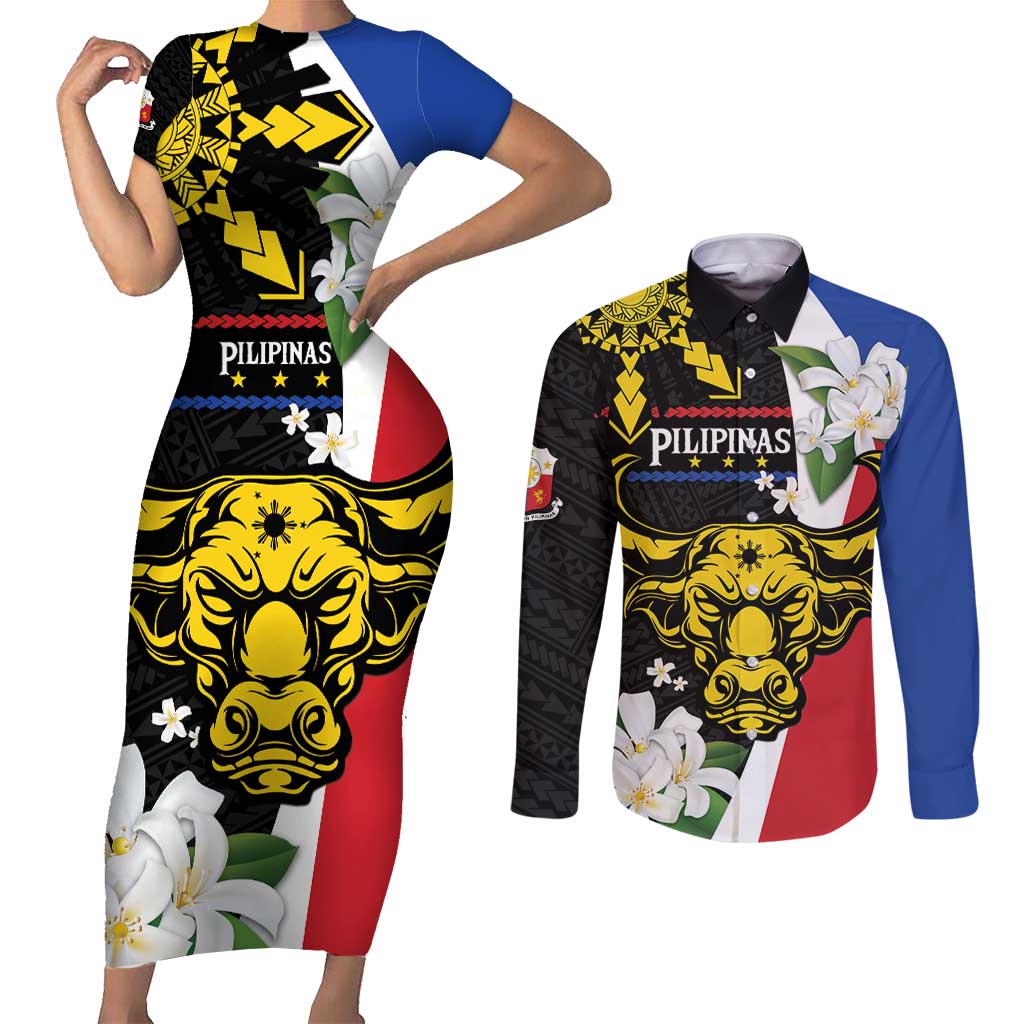 Personalised Philippines Carabao Couples Matching Short Sleeve Bodycon Dress and Long Sleeve Button Shirt Filipino Sun Mix Sampaguita Flower