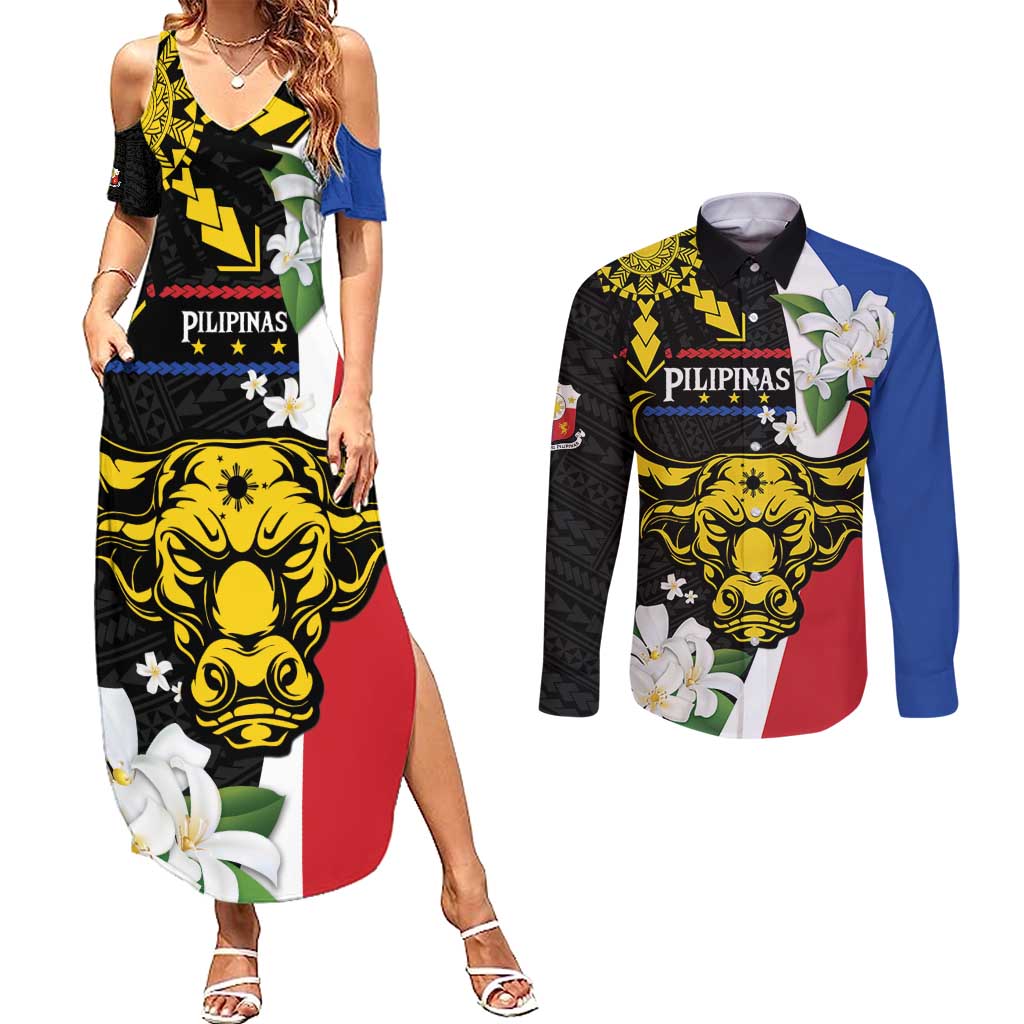 Personalised Philippines Carabao Couples Matching Summer Maxi Dress and Long Sleeve Button Shirt Filipino Sun Mix Sampaguita Flower LT14 Black - Polynesian Pride