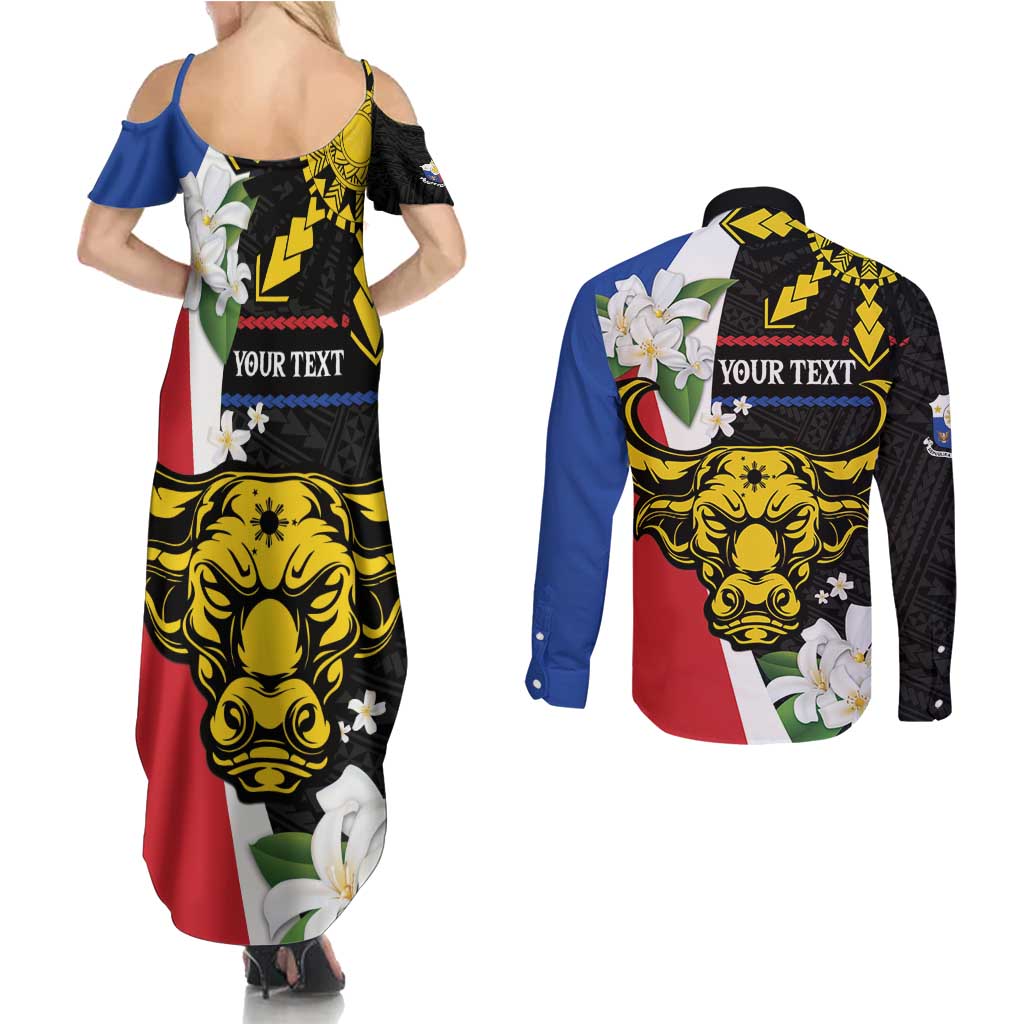Personalised Philippines Carabao Couples Matching Summer Maxi Dress and Long Sleeve Button Shirt Filipino Sun Mix Sampaguita Flower LT14 - Polynesian Pride