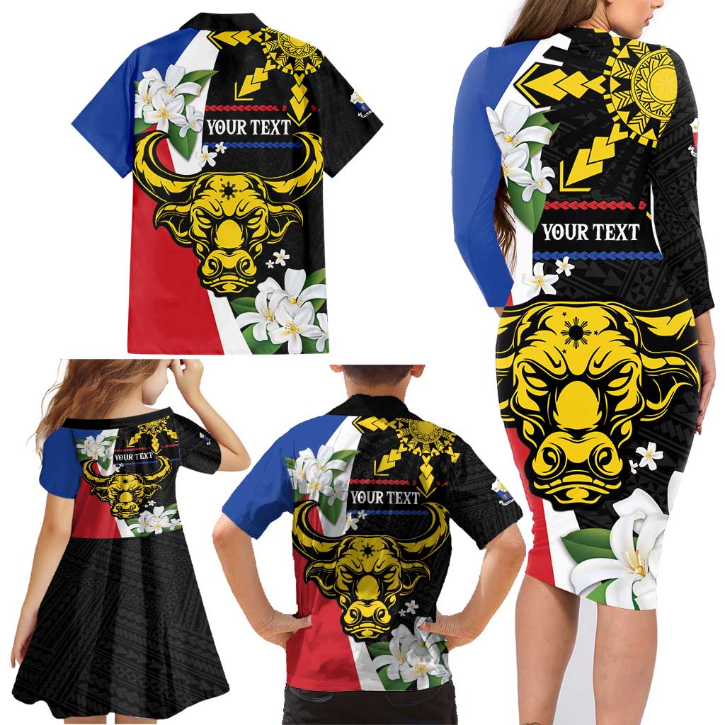 Personalised Philippines Carabao Family Matching Long Sleeve Bodycon Dress and Hawaiian Shirt Filipino Sun Mix Sampaguita Flower